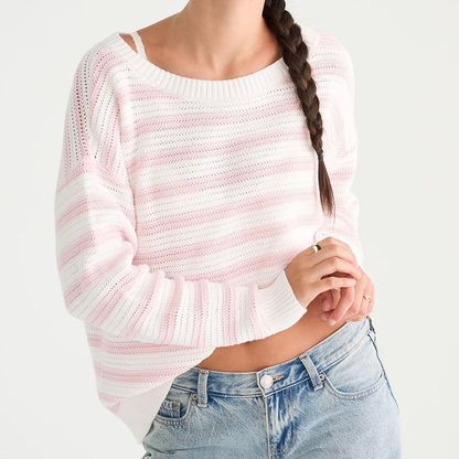 Gestreifter lässiger Rundhals‑Strickpullover mit Rippbesatz an Kragen, Ärmeln und Saum