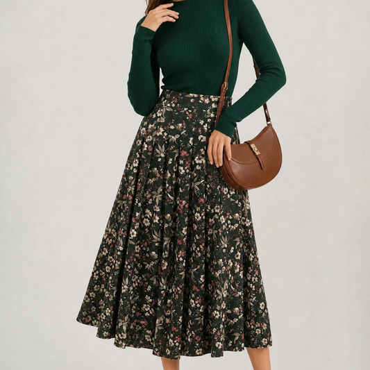 Blumen‑Plisse‑Midi‑Rock mit Schlitz und elastischer Taillenpartie