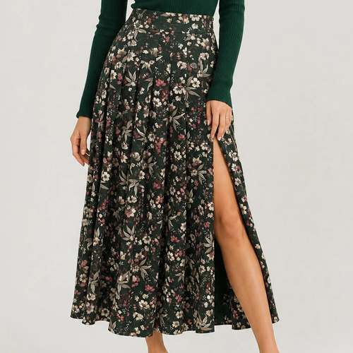 Blumen‑Plisse‑Midi‑Rock mit Schlitz und elastischer Taillenpartie